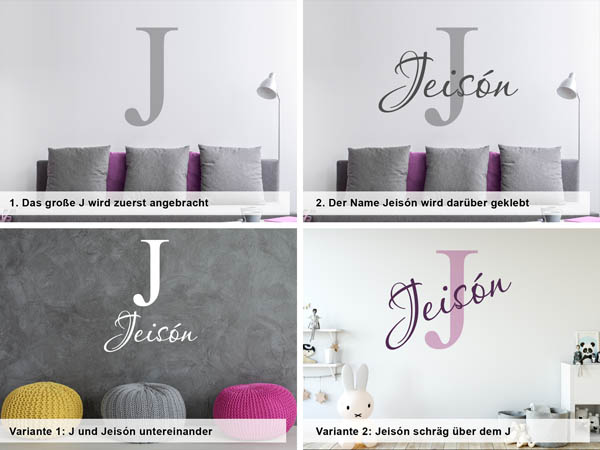 Verschiedene Anordnungen des Wandtattoos Jeisón