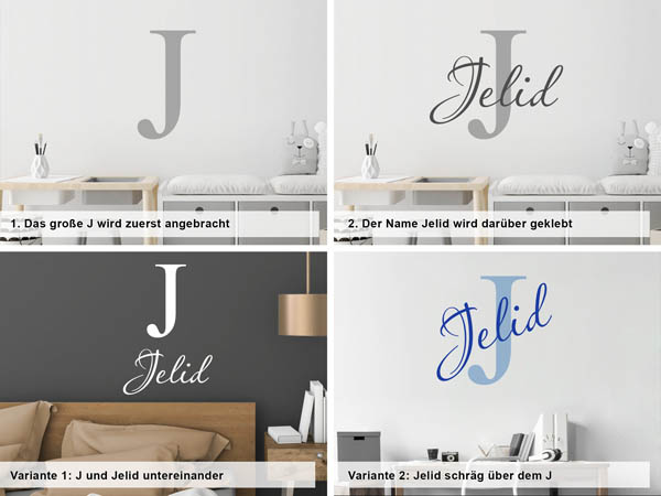 Verschiedene Anordnungen des Wandtattoos Jelid