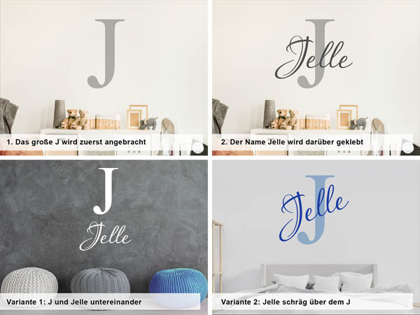Verschiedene Anordnungen des Wandtattoos Jelle