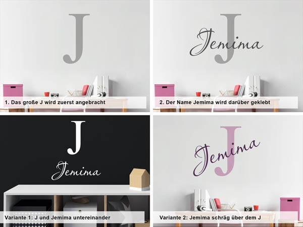 Verschiedene Anordnungen des Wandtattoos Jemima