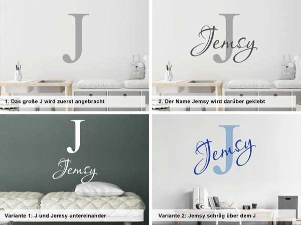 Verschiedene Anordnungen des Wandtattoos Jemsy