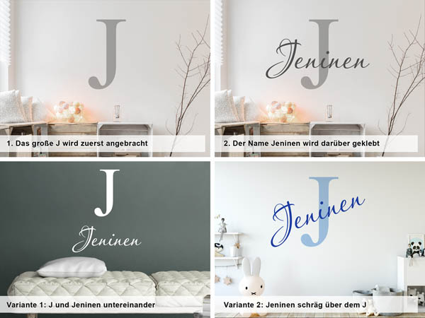 Verschiedene Anordnungen des Wandtattoos Jeninen