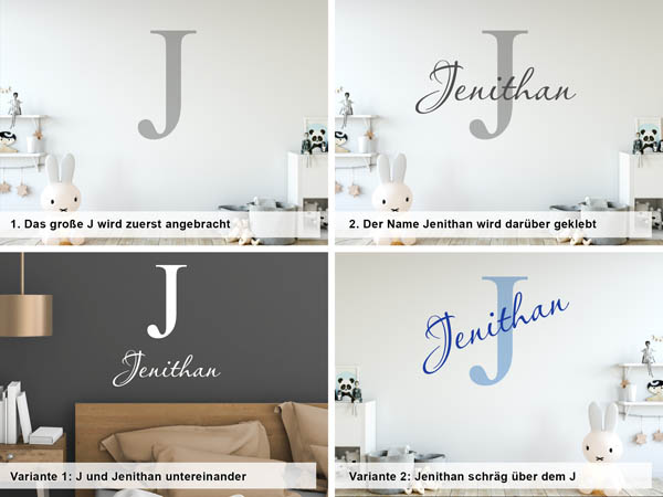 Verschiedene Anordnungen des Wandtattoos Jenithan