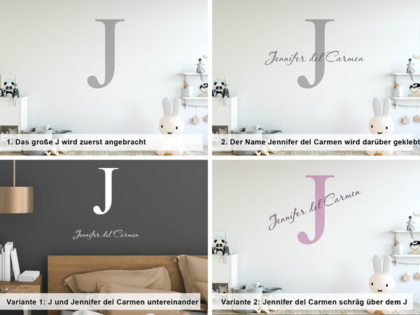 Verschiedene Anordnungen des Wandtattoos Jennifer del Carmen