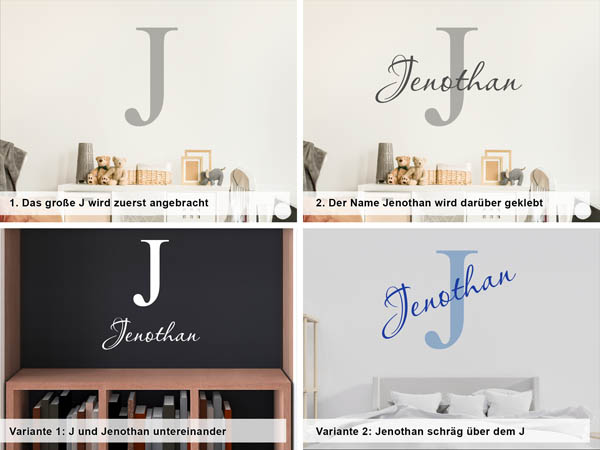 Verschiedene Anordnungen des Wandtattoos Jenothan