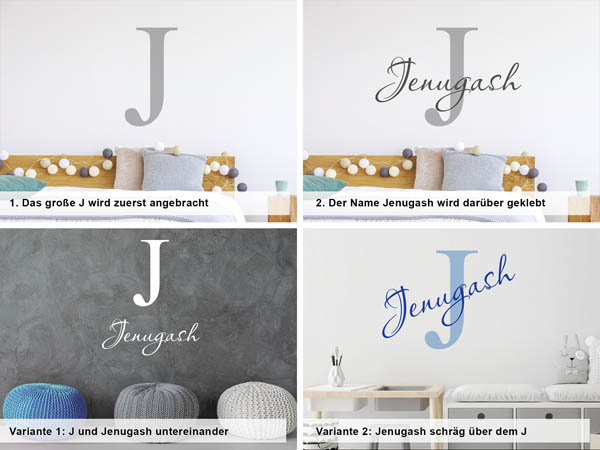 Verschiedene Anordnungen des Wandtattoos Jenugash