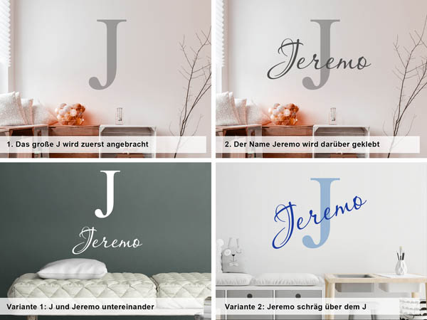 Verschiedene Anordnungen des Wandtattoos Jeremo