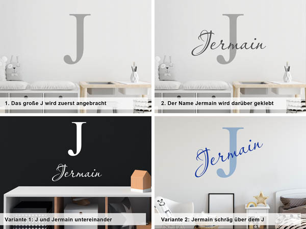 Verschiedene Anordnungen des Wandtattoos Jermain