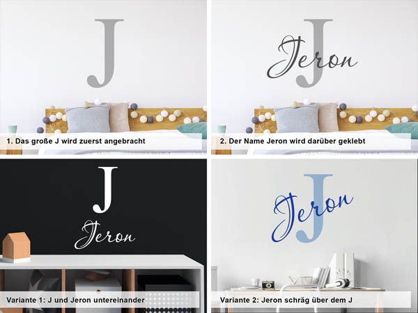 Verschiedene Anordnungen des Wandtattoos Jeron