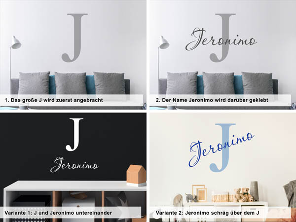 Verschiedene Anordnungen des Wandtattoos Jeronimo