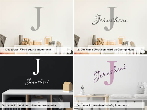 Verschiedene Anordnungen des Wandtattoos Jerusheni