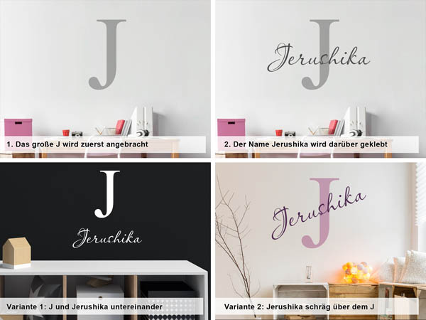 Verschiedene Anordnungen des Wandtattoos Jerushika
