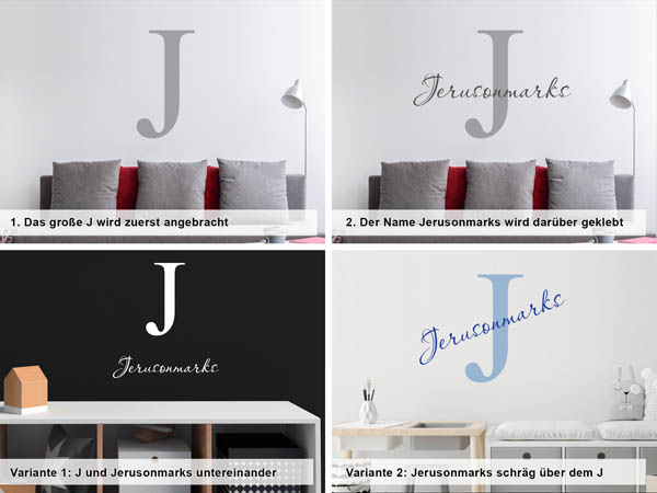 Verschiedene Anordnungen des Wandtattoos Jerusonmarks