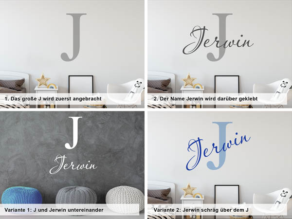 Verschiedene Anordnungen des Wandtattoos Jerwin