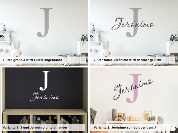 Verschiedene Anordnungen des Wandtattoos Jerónimo