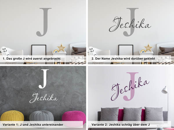 Verschiedene Anordnungen des Wandtattoos Jeshika