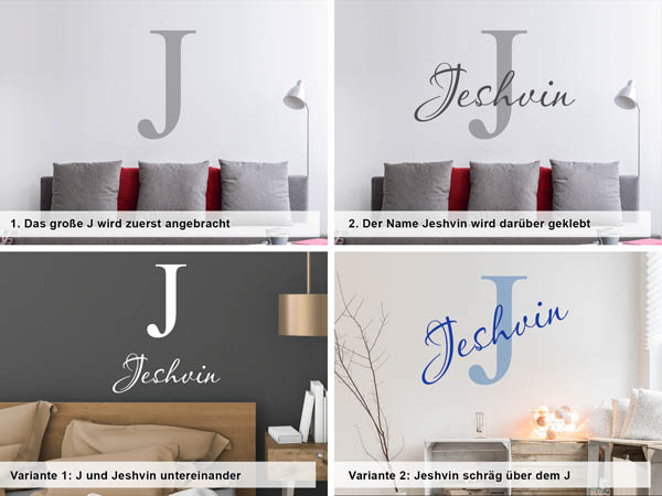 Verschiedene Anordnungen des Wandtattoos Jeshvin