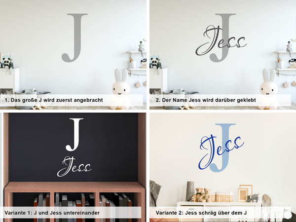 Verschiedene Anordnungen des Wandtattoos Jess