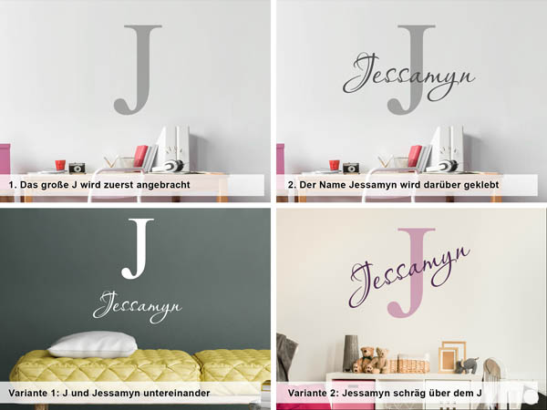 Verschiedene Anordnungen des Wandtattoos Jessamyn