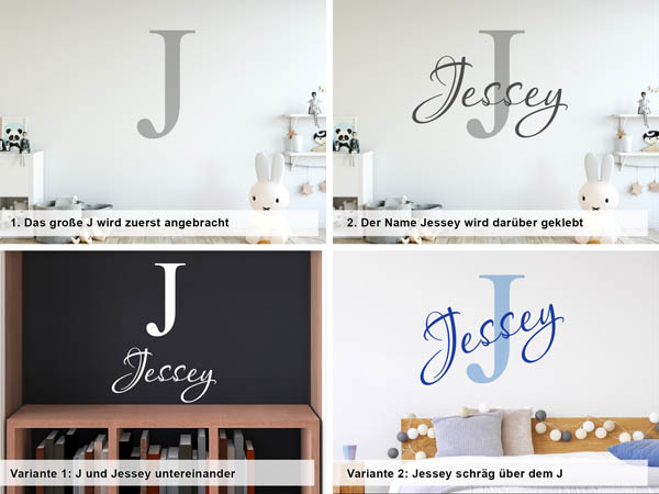 Verschiedene Anordnungen des Wandtattoos Jessey