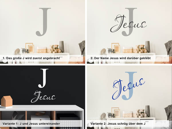 Verschiedene Anordnungen des Wandtattoos Jesus
