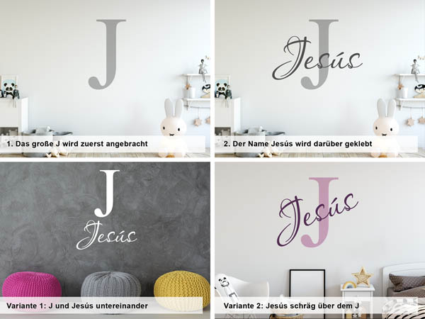 Verschiedene Anordnungen des Wandtattoos Jesús