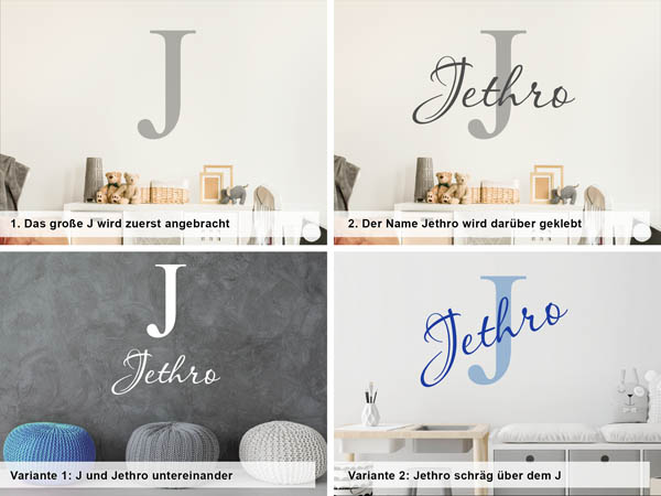 Verschiedene Anordnungen des Wandtattoos Jethro