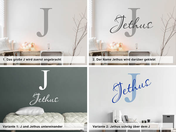 Verschiedene Anordnungen des Wandtattoos Jethus