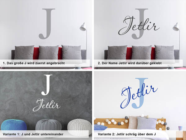 Verschiedene Anordnungen des Wandtattoos Jetlir
