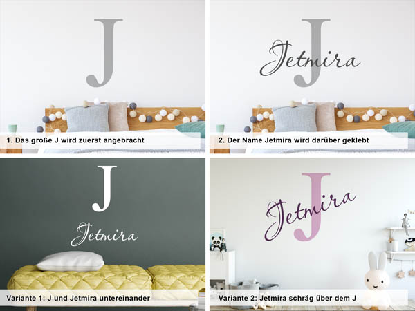 Verschiedene Anordnungen des Wandtattoos Jetmira