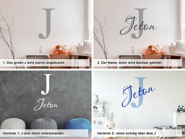 Verschiedene Anordnungen des Wandtattoos Jeton