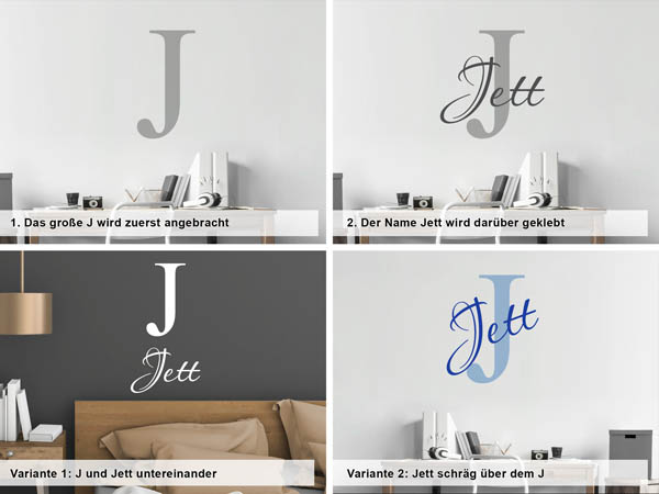 Verschiedene Anordnungen des Wandtattoos Jett
