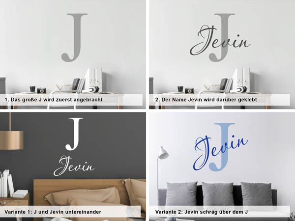 Verschiedene Anordnungen des Wandtattoos Jevin