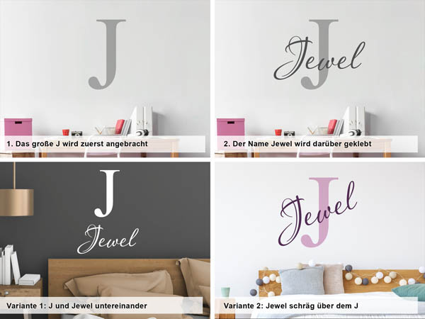 Verschiedene Anordnungen des Wandtattoos Jewel