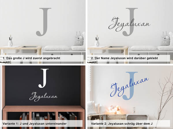 Verschiedene Anordnungen des Wandtattoos Jeyaluxan