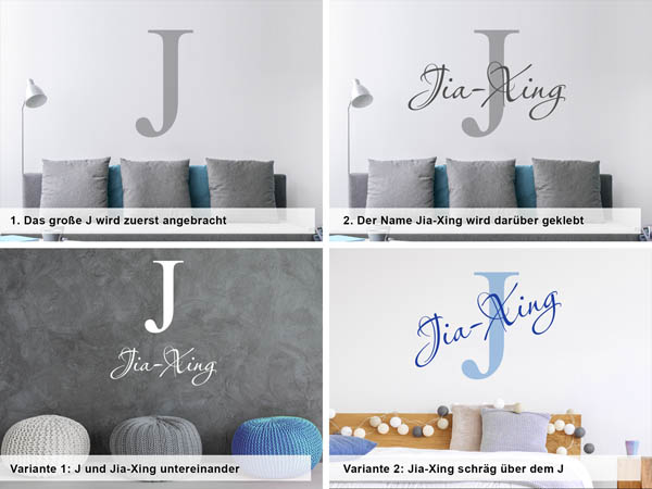 Verschiedene Anordnungen des Wandtattoos Jia-Xing