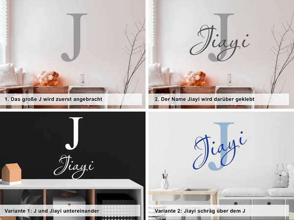 Verschiedene Anordnungen des Wandtattoos Jiayi