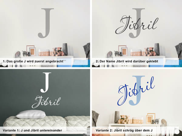 Verschiedene Anordnungen des Wandtattoos Jibril