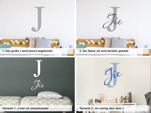Verschiedene Anordnungen des Wandtattoos Jie