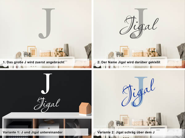 Verschiedene Anordnungen des Wandtattoos Jigal