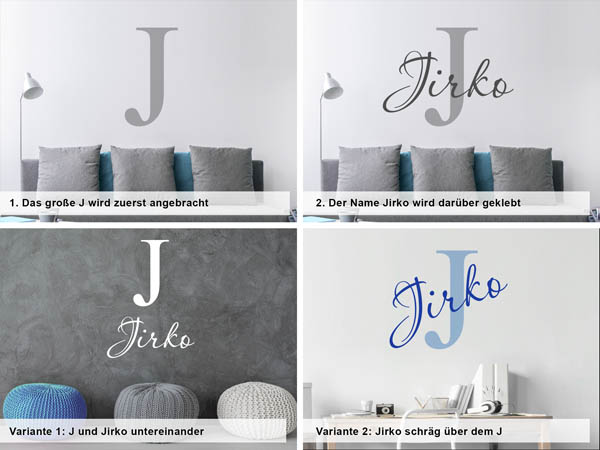 Verschiedene Anordnungen des Wandtattoos Jirko