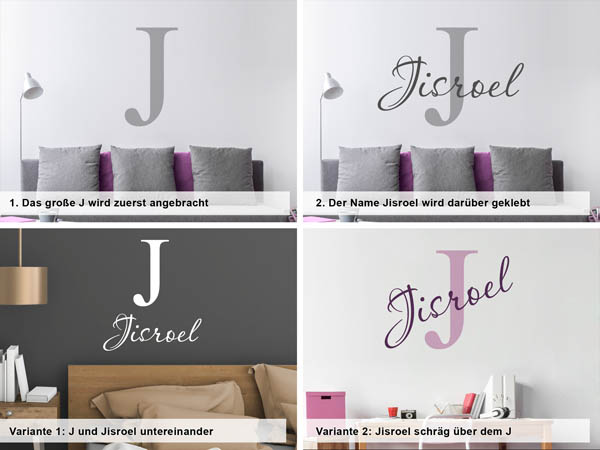Verschiedene Anordnungen des Wandtattoos Jisroel