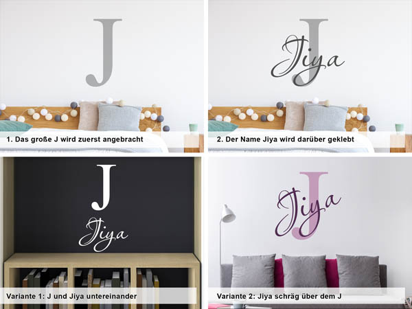 Verschiedene Anordnungen des Wandtattoos Jiya