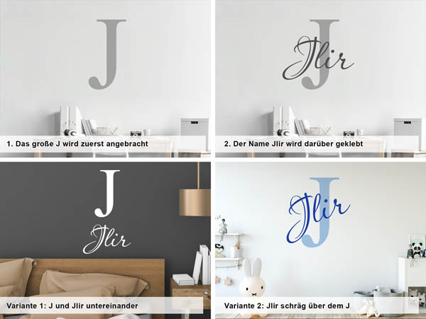 Verschiedene Anordnungen des Wandtattoos Jlir
