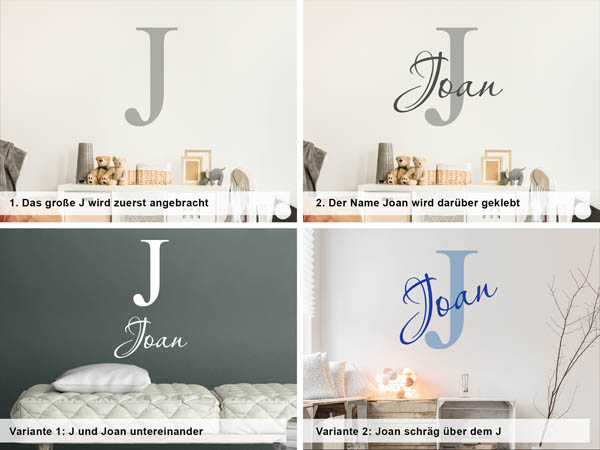 Verschiedene Anordnungen des Wandtattoos Joan