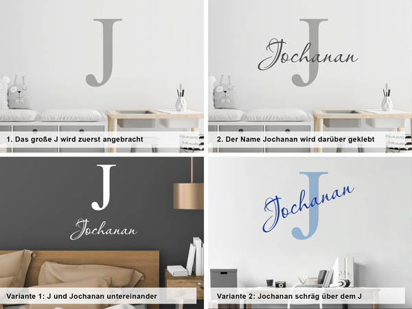 Verschiedene Anordnungen des Wandtattoos Jochanan