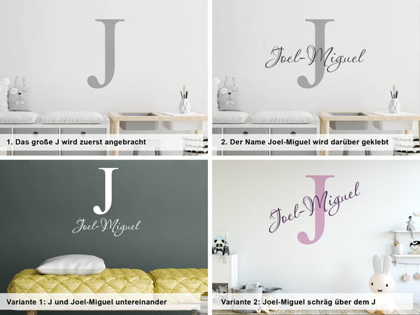 Verschiedene Anordnungen des Wandtattoos Joel-Miguel