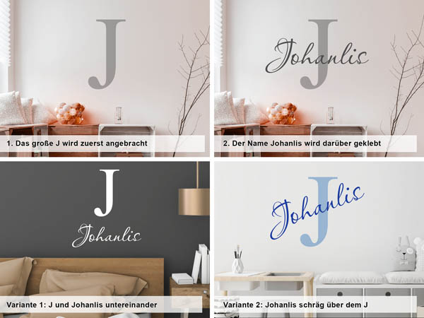 Verschiedene Anordnungen des Wandtattoos Johanlis