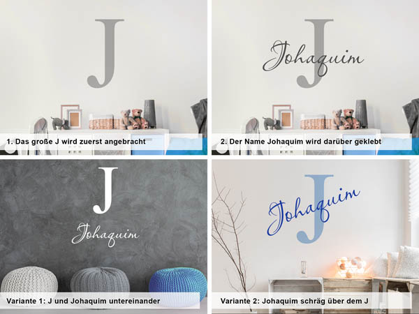 Verschiedene Anordnungen des Wandtattoos Johaquim