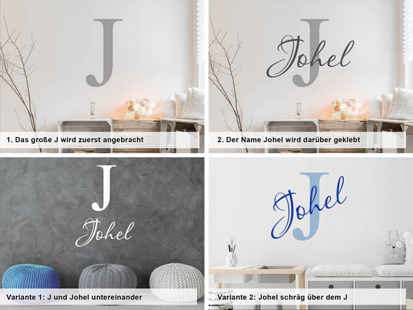 Verschiedene Anordnungen des Wandtattoos Johel